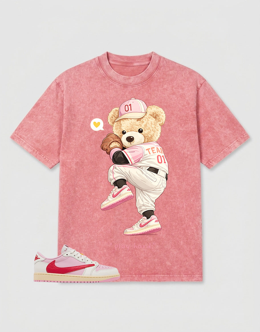 Sail Tropical Pink Travis Scott 1s Washed T-shirt Play Hard Bear Graphic