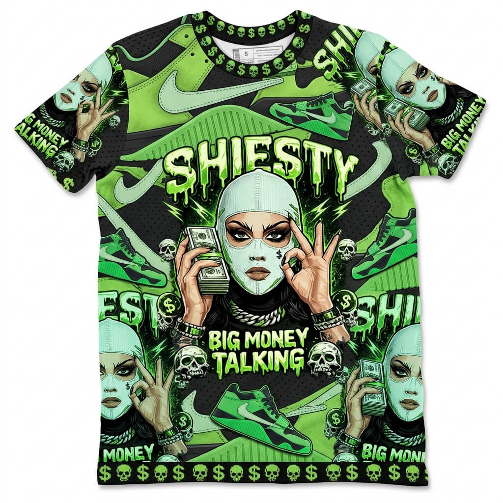 Shiesty Big Money Talking All Over Print Shirt Match Travis Scott x Air Jordan Jumpman Green Spark