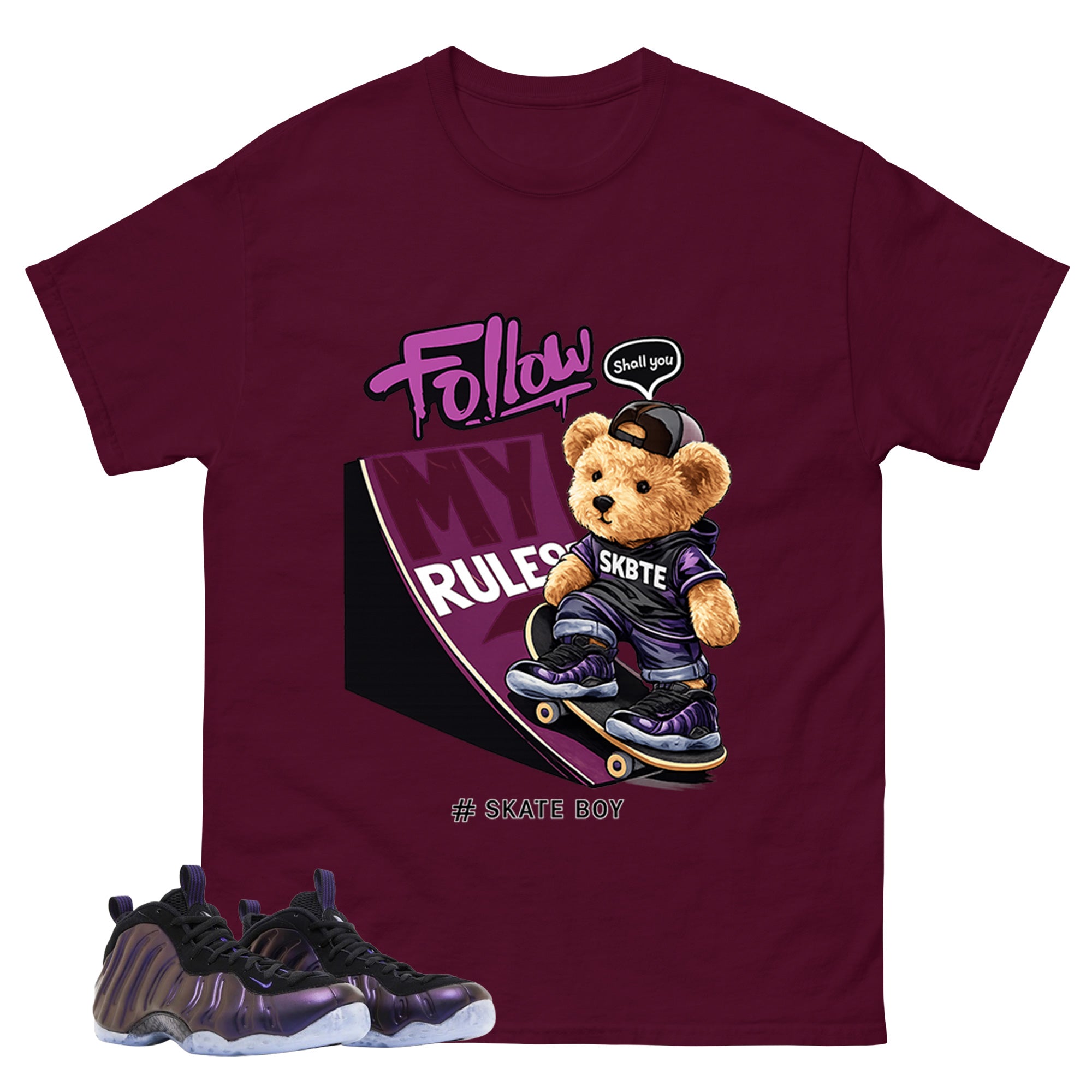 Skate Boy Graphic Tee, Shirt to Match Air Foamposite One Eggplant, Air Foamposite Unisex Purple Shirt