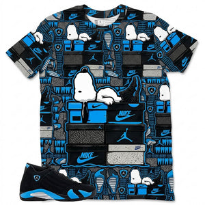 Sleep On Sneaker Snoopy All Over Print Shirt Match Air Jordan 14 Black University Blue