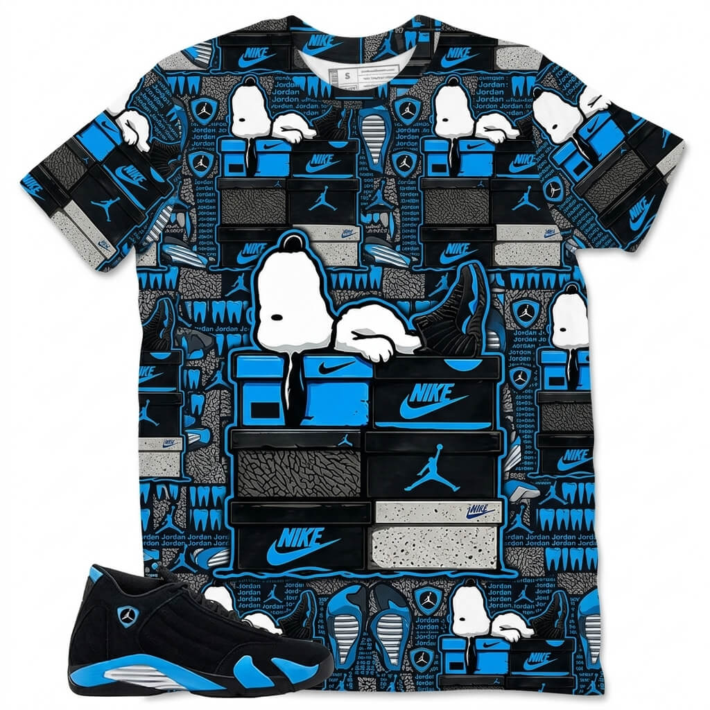 Sleep On Sneaker Snoopy All Over Print Shirt Match Air Jordan 14 Black University Blue