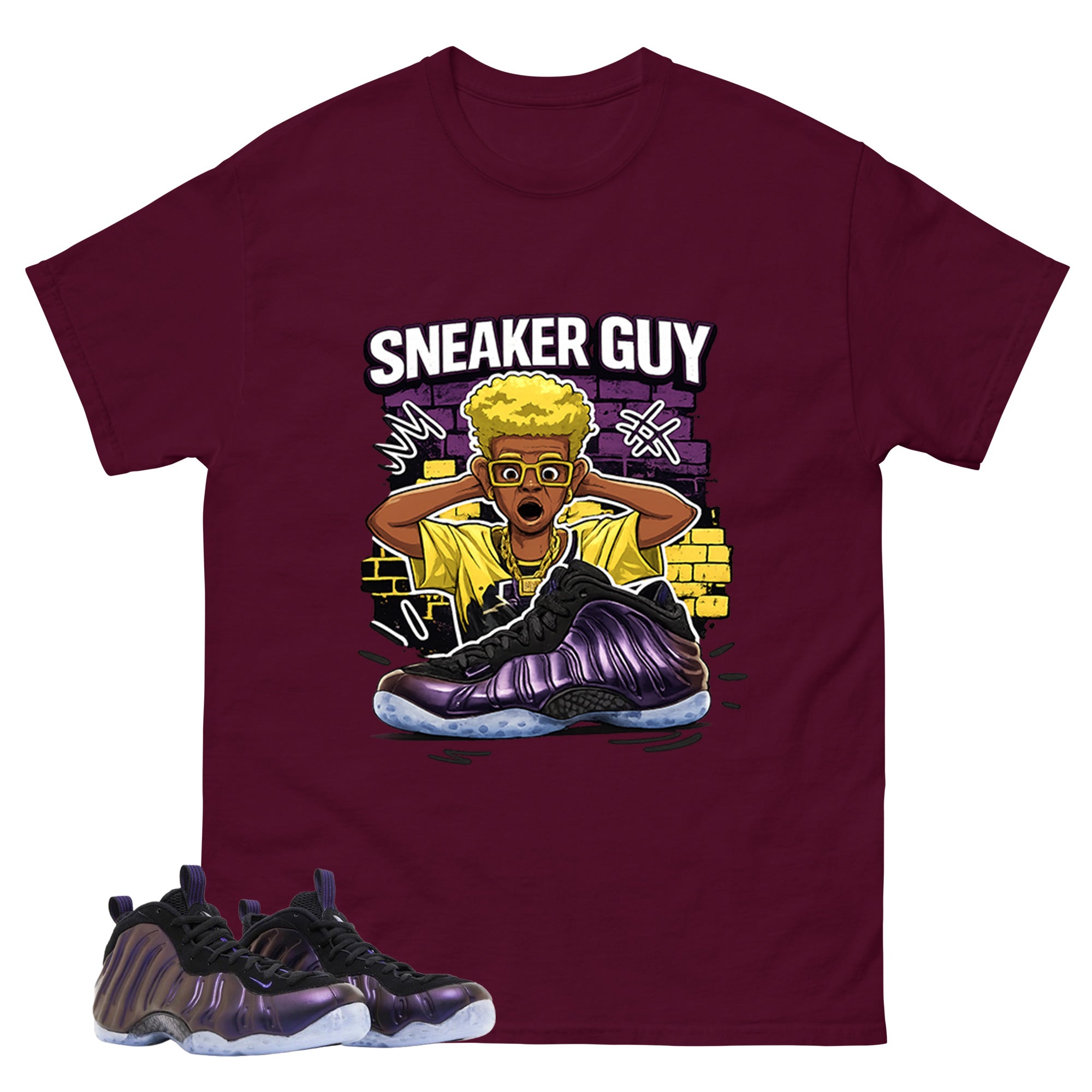 Sneaker Guy Graphic Tee, Shirt to Match Air Foamposite One Eggplant, Air Foamposite Unisex Purple Shirt
