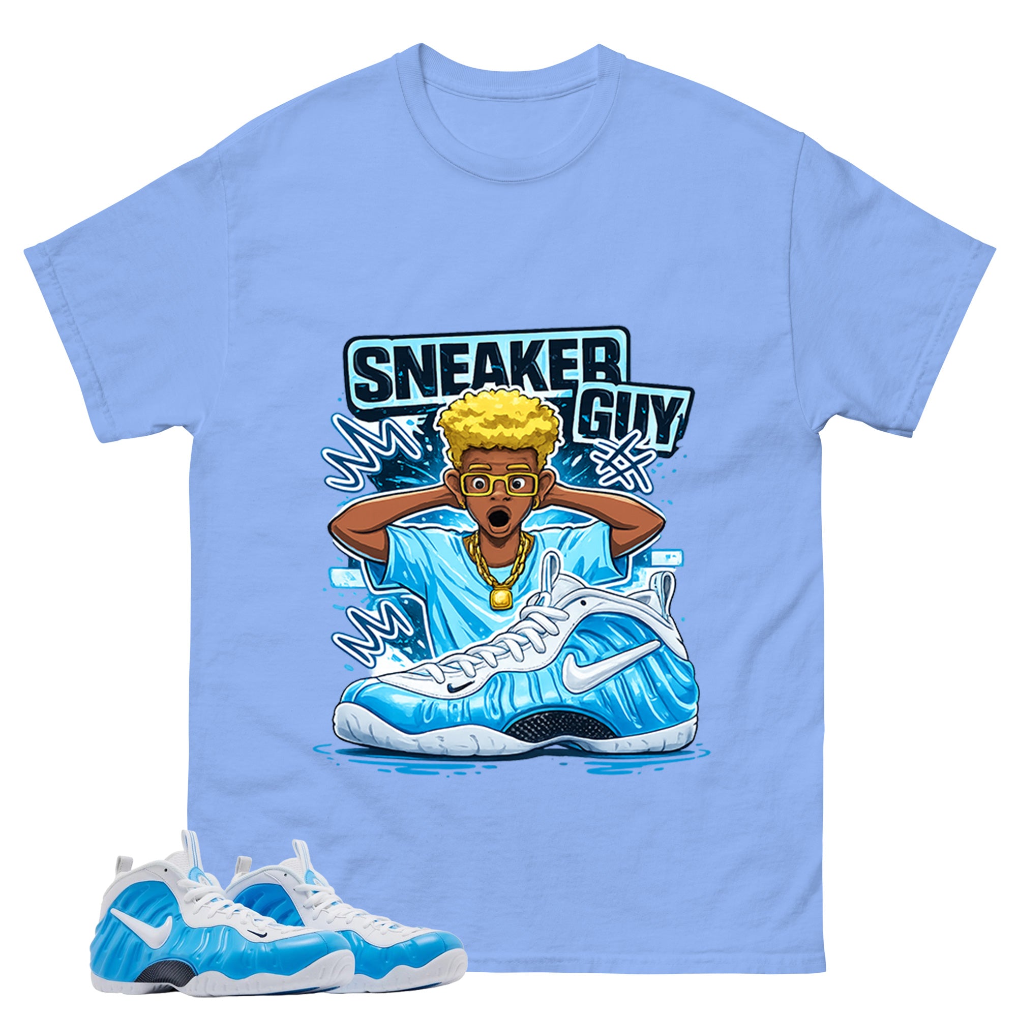 Sneaker Guy Graphic Tee, Shirt to Match Air Foamposite Pro University Blue, Air Foamposite Unisex Blue Shirt