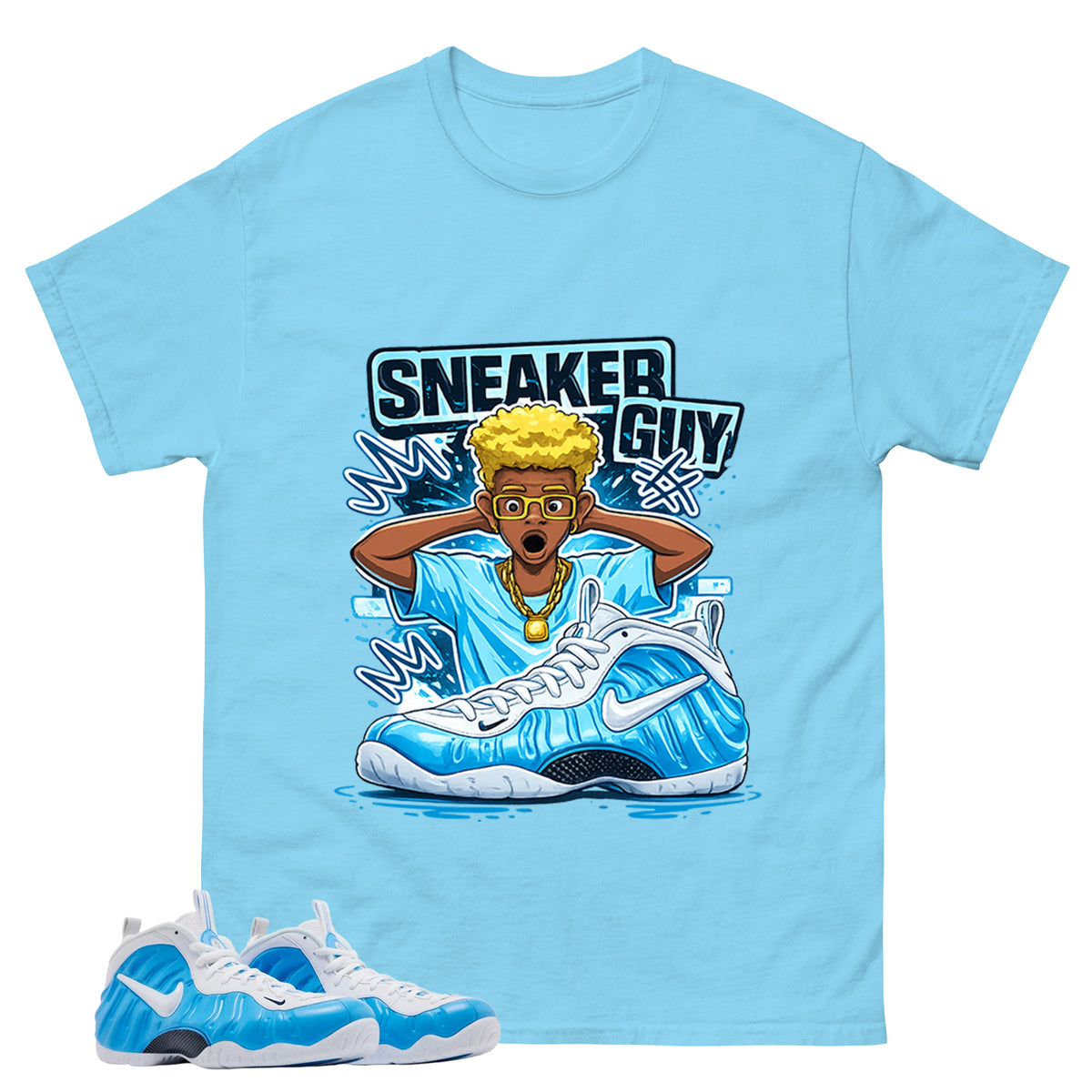 Sneaker Guy Graphic Tee, Shirt to Match Air Foamposite Pro University Blue, Air Foamposite Unisex Blue Shirt