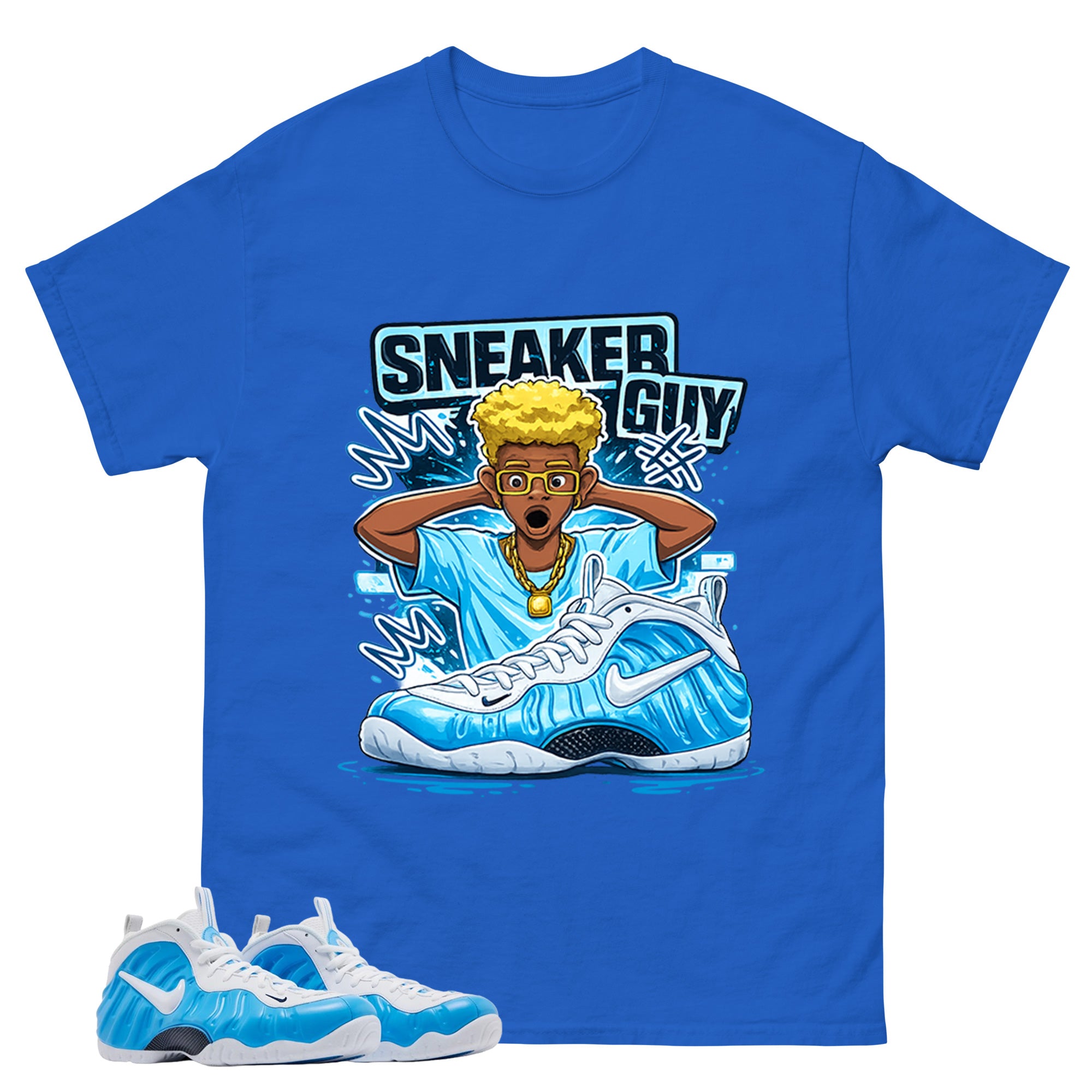 Sneaker Guy Graphic Tee, Shirt to Match Air Foamposite Pro University Blue, Air Foamposite Unisex Blue Shirt
