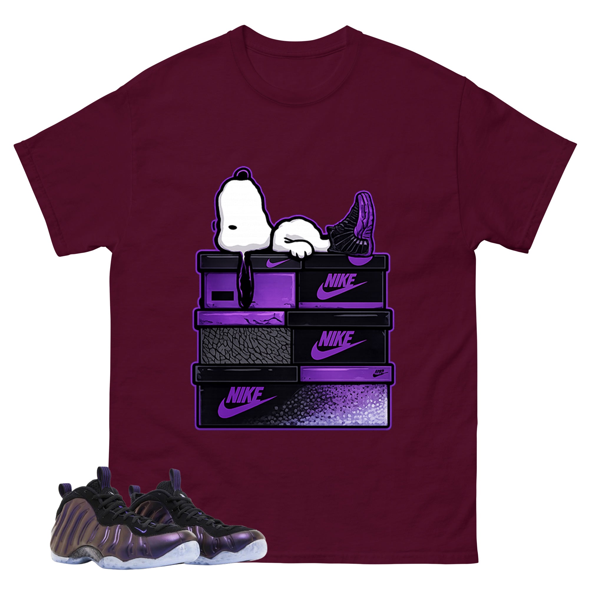 Snoopy Chillin Graphic Tee, Shirt to Match Air Foamposite One Eggplant, Air Foamposite Unisex Purple Shirt