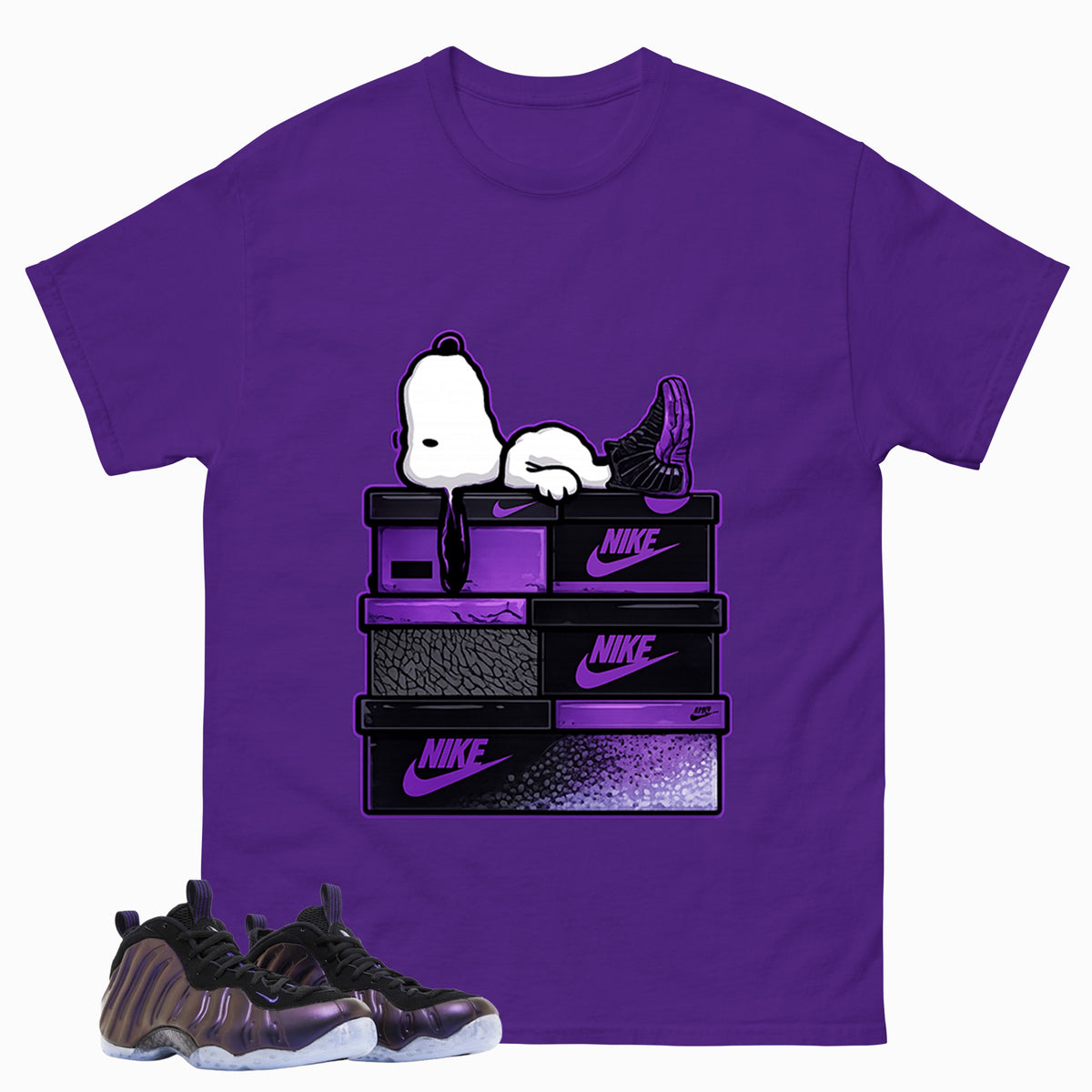 Snoopy Chillin Graphic Tee, Shirt to Match Air Foamposite One Eggplant, Air Foamposite Unisex Purple Shirt