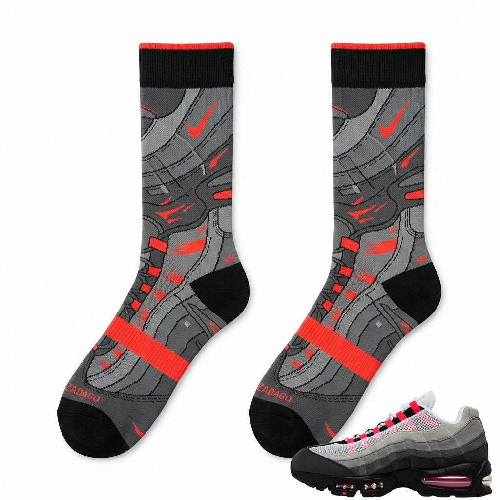 Solar Red Sneaker Match Socks – Air Max 95 Big Bubble Inspired Mid-Calf Crew Socks Unisex