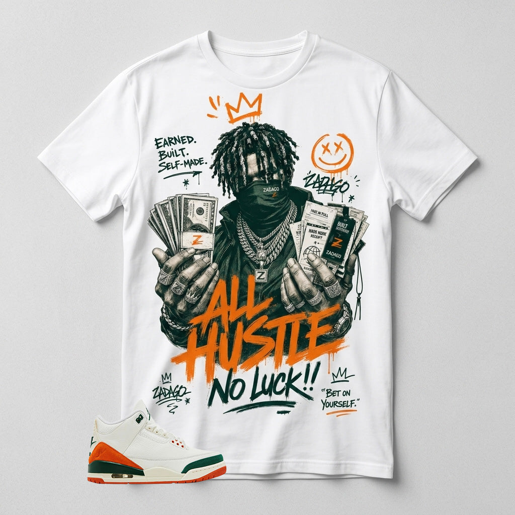 SoleFly Miami 3s Zadago Shirt All Hustle No Luck Graphic