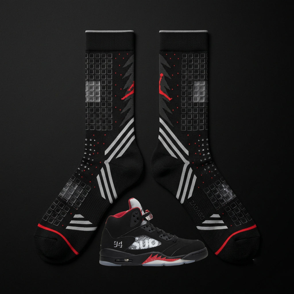Supreme Black Sneaker Match Socks – Air Jordan 5 Retro Supreme Inspired Mid-Calf Crew Socks