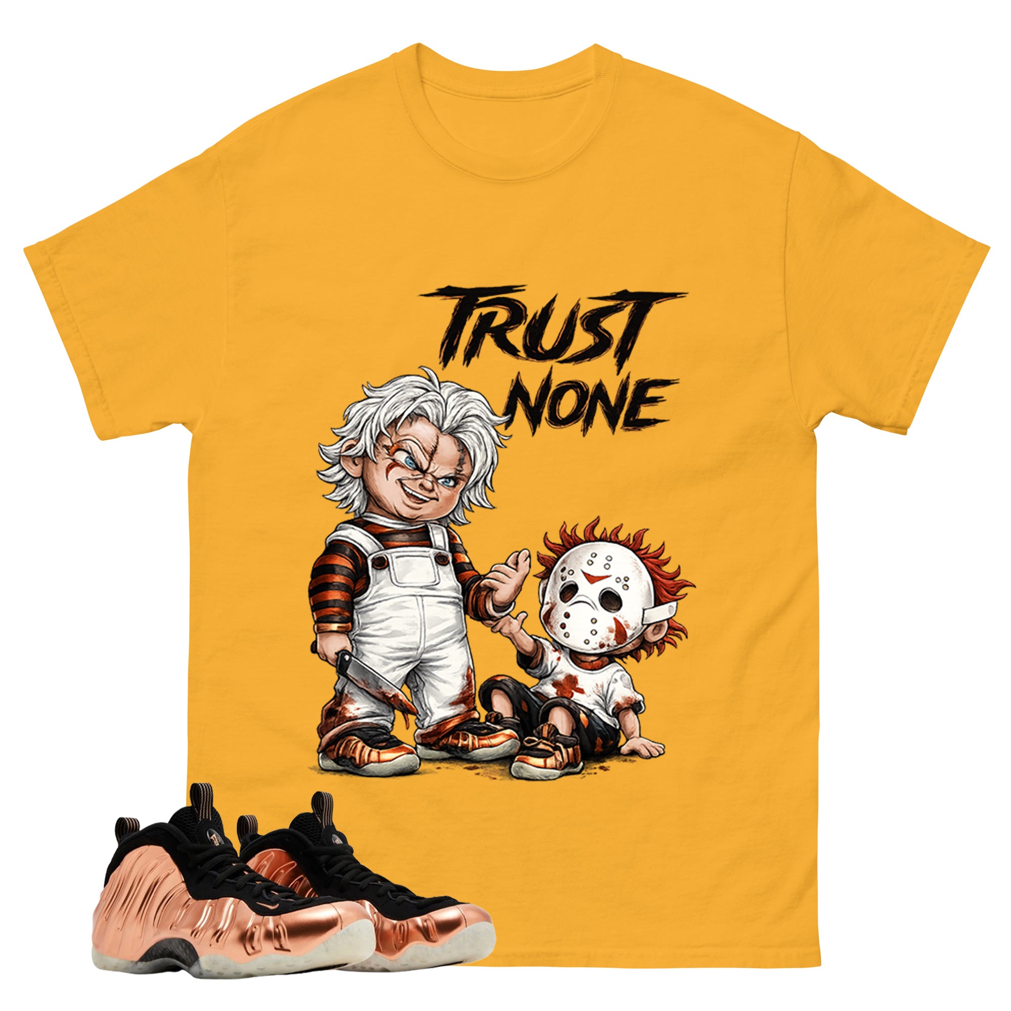 Trust None Graphic Tee, Shirt to Match Air Foamposite One Copper, Air Foamposite Unisex Black Shirt