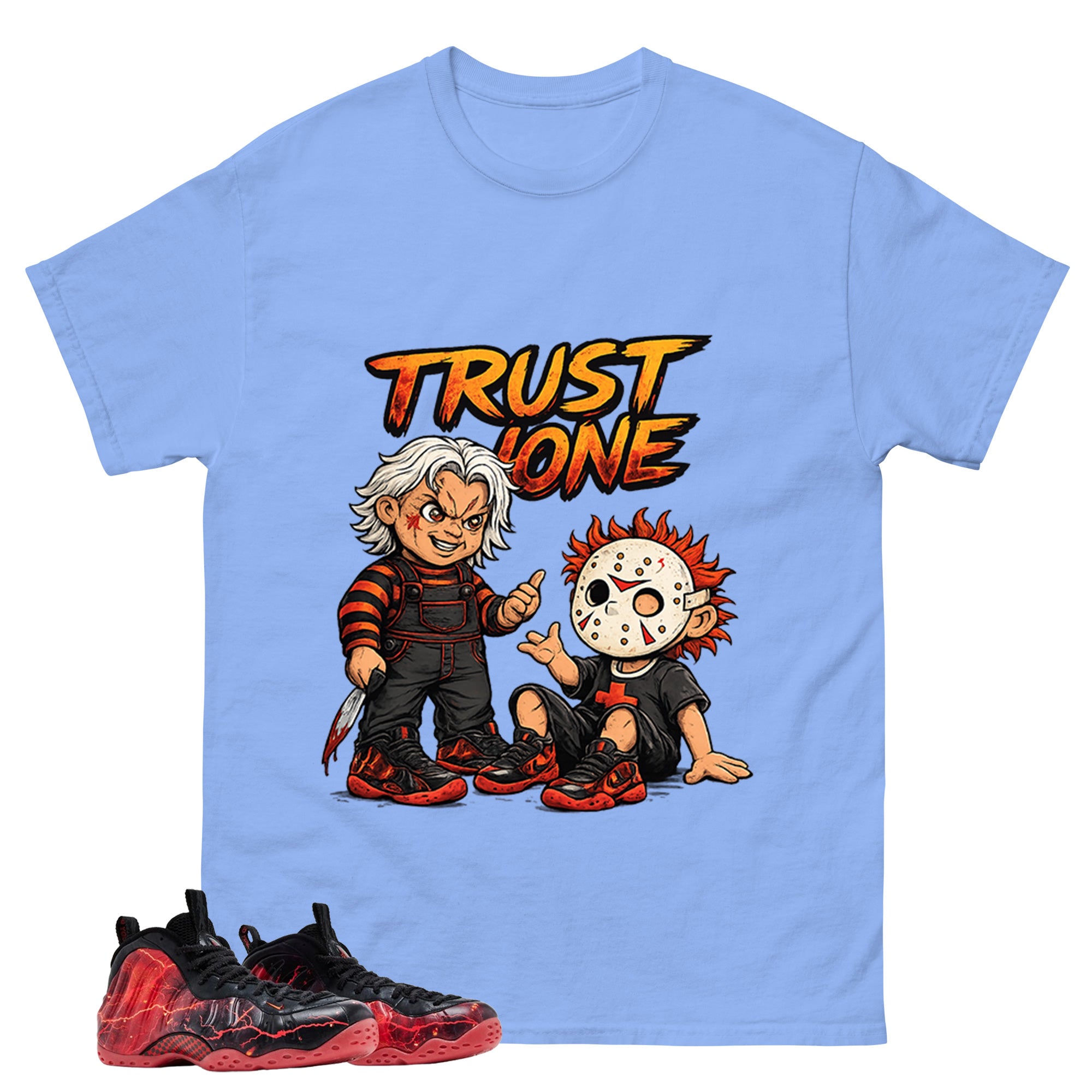 Trust None Graphic Tee, Shirt to Match Air Foamposite Stranger Things, Air Foamposite Unisex Blue Shirt