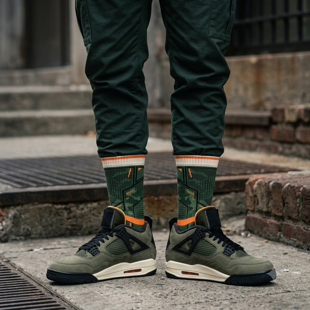 Undefeated Inspired Sneaker Match Socks – Air Jordan 4 Retro 2025 Olive Crew Socks