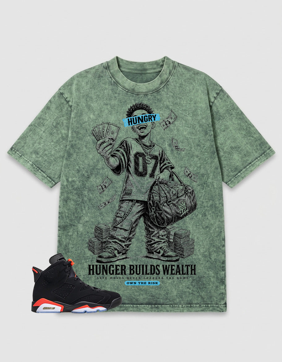 Washed T-shirt Hunger Builds Wealth | Zadago