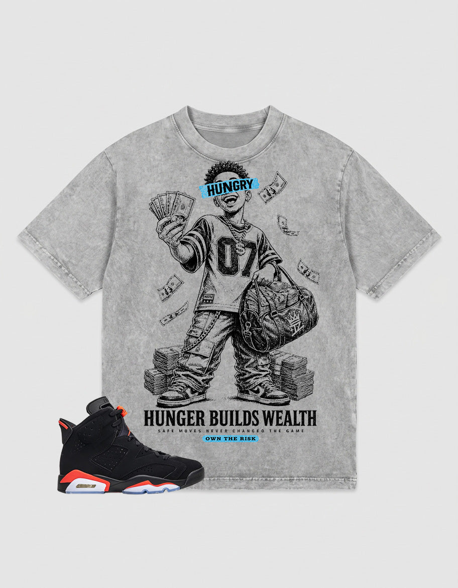 Washed T-shirt Hunger Builds Wealth | Zadago