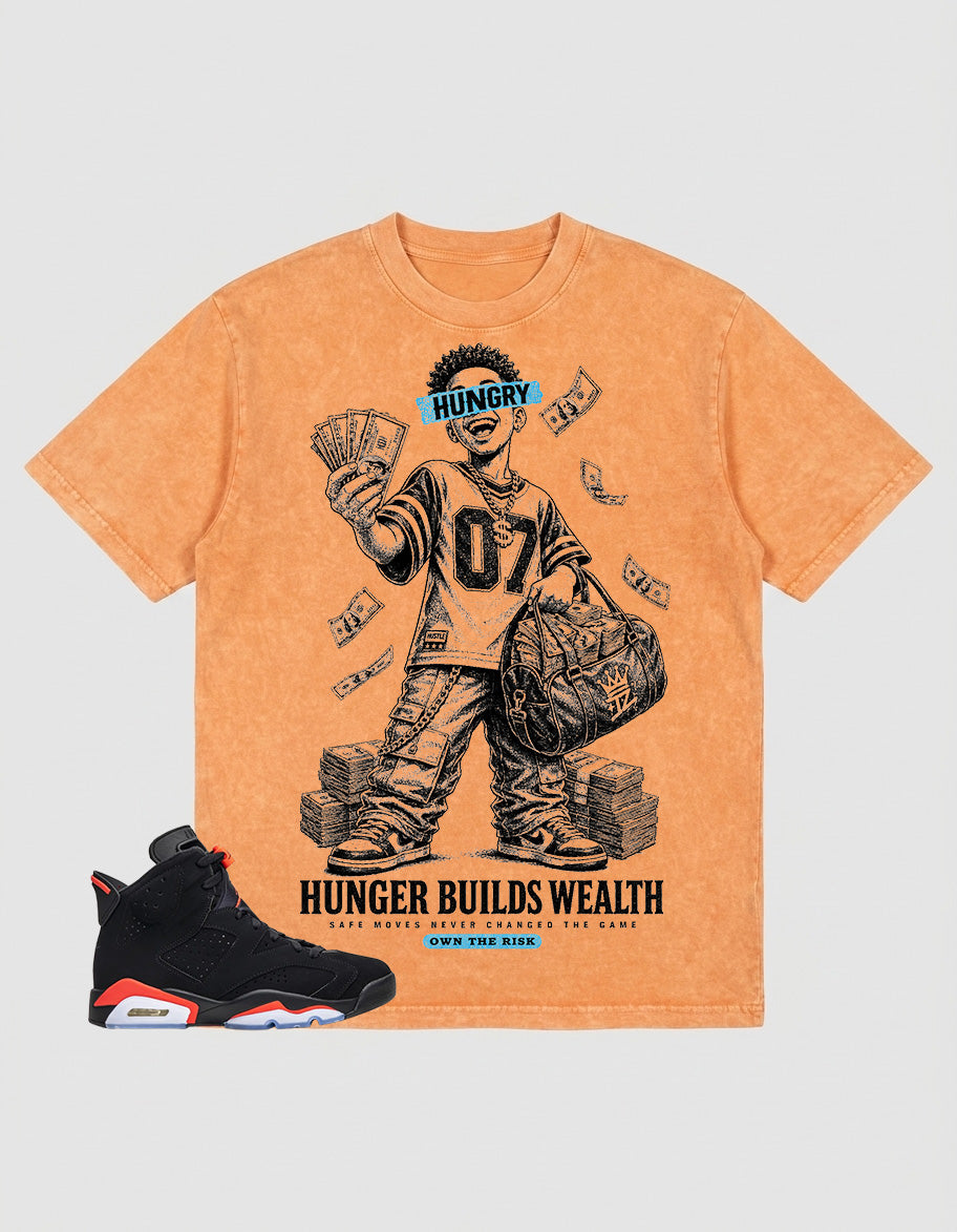 Washed T-shirt Hunger Builds Wealth | Zadago