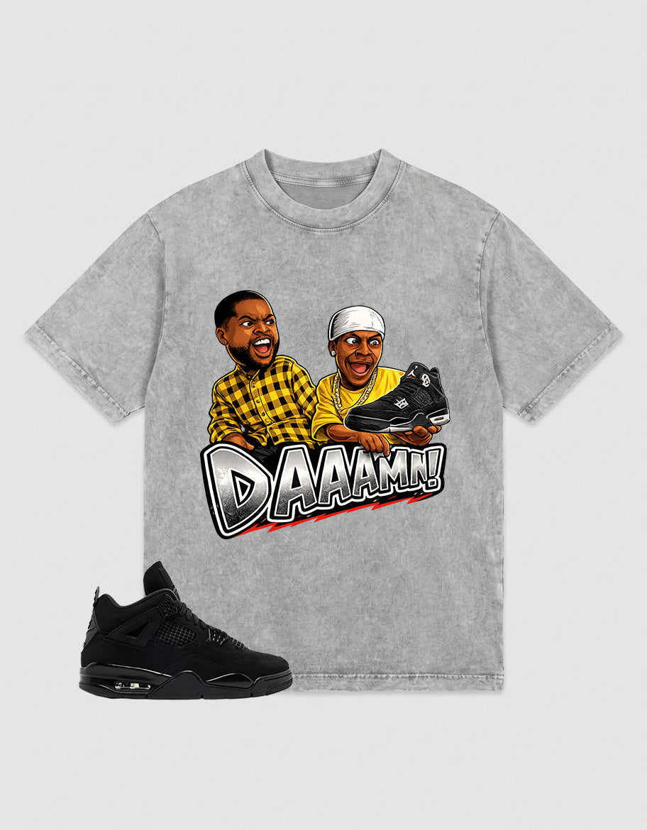 Black Cat 4s Washed T-shirt - Daaamn Sneaker Graphic