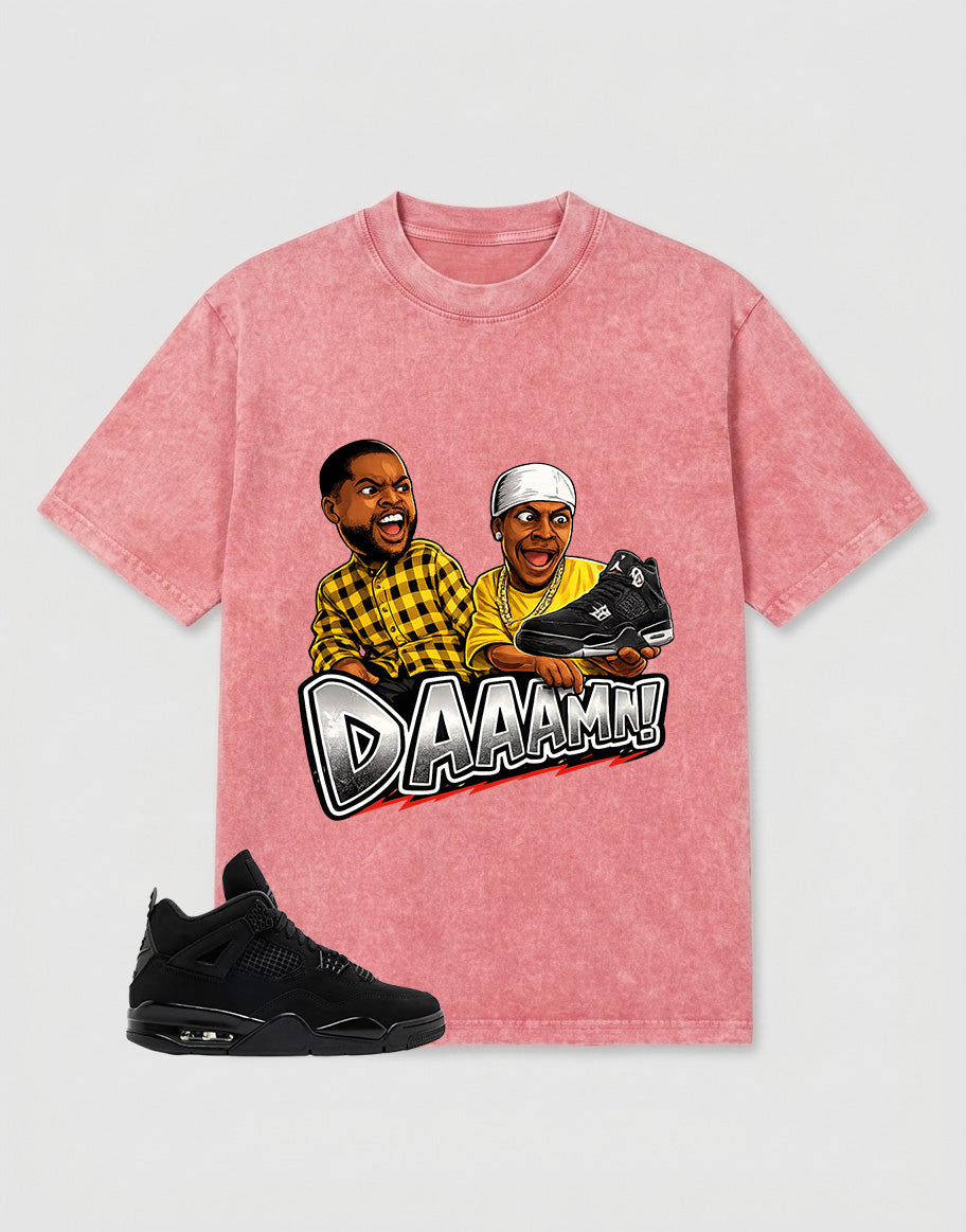 Black Cat 4s Washed T-shirt - Daaamn Sneaker Graphic