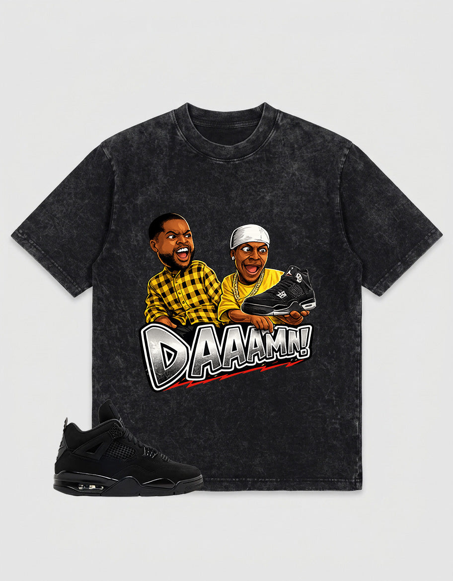 Black Cat 4s Washed T-shirt - Daaamn Sneaker Graphic