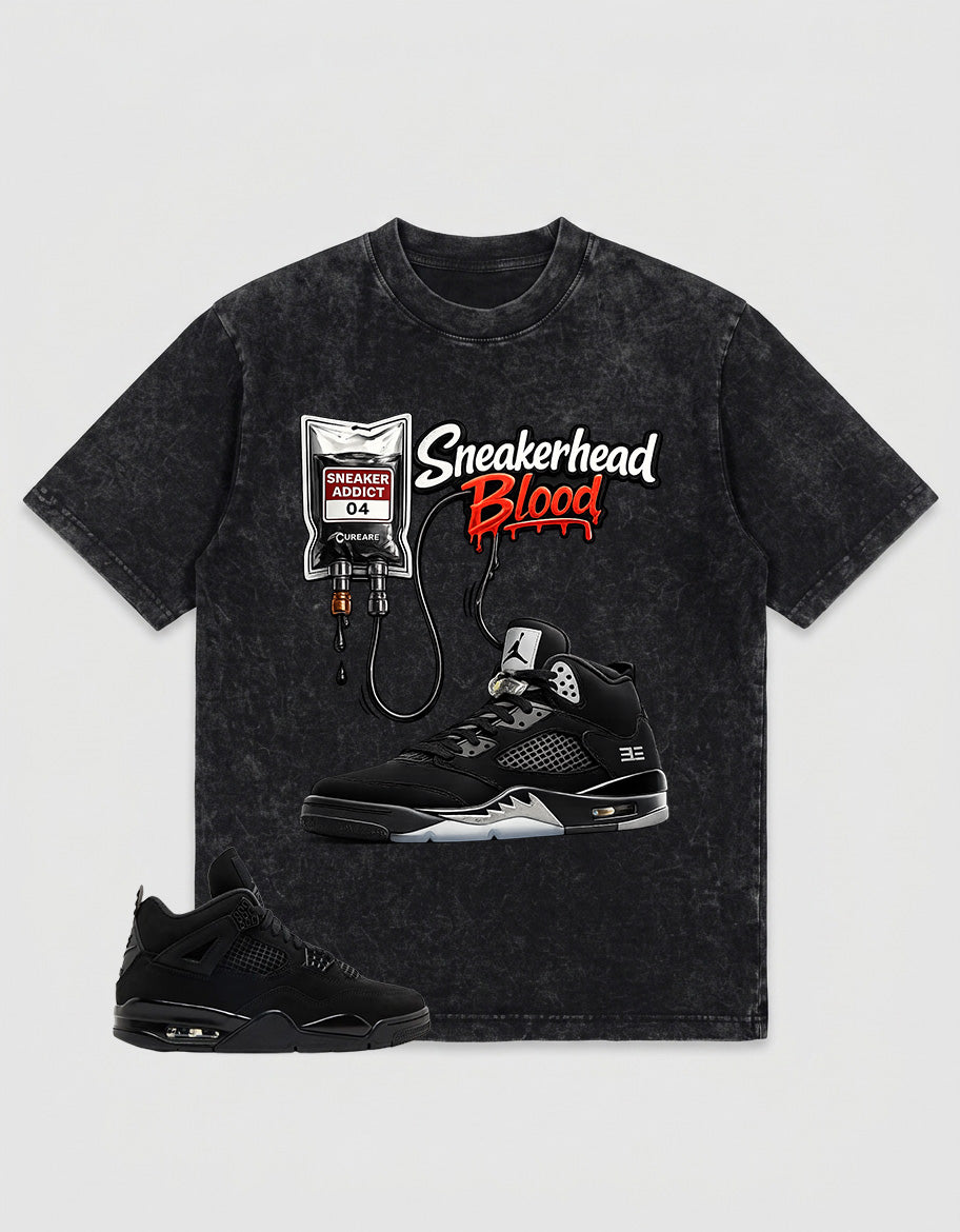 Black Cat 4s Washed T-shirt - Sneakerhead Blood Graphic
