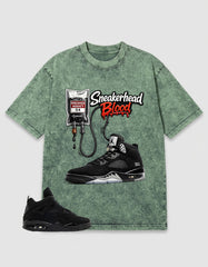 Black Cat 4s Washed T-shirt - Sneakerhead Blood Graphic