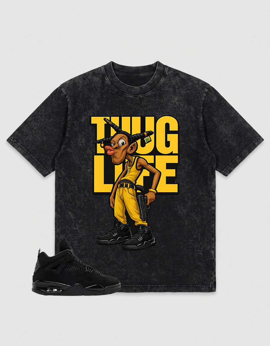 Black Cat 4s Zadago Washed T-shirt Thug Life Graphic