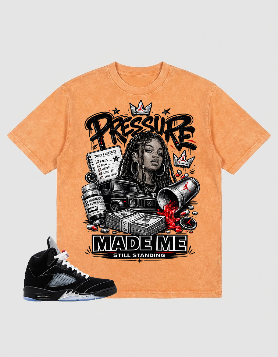 Washed T-shirt to Match Metallic Reimagined 5s - Pressure Made Me Standing Graphic