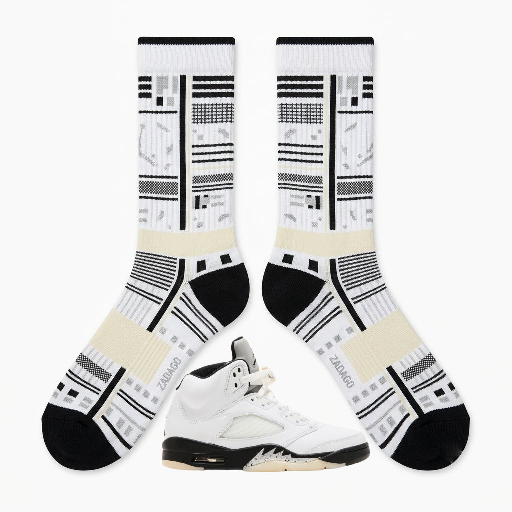 White Black Socks – Air Jordan 5 Retro Inspired Mid-Calf Unisex Crew Socks