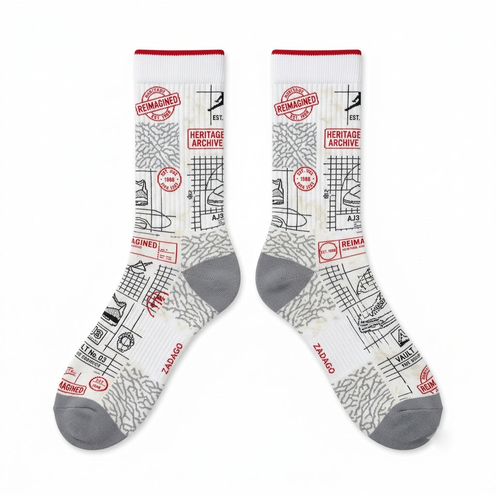 White Cement Reimagined Sneaker Match Socks – Air Jordan 3 Retro White Cement Reimagined Inspired Mid-Cut Crew Socks Unisex