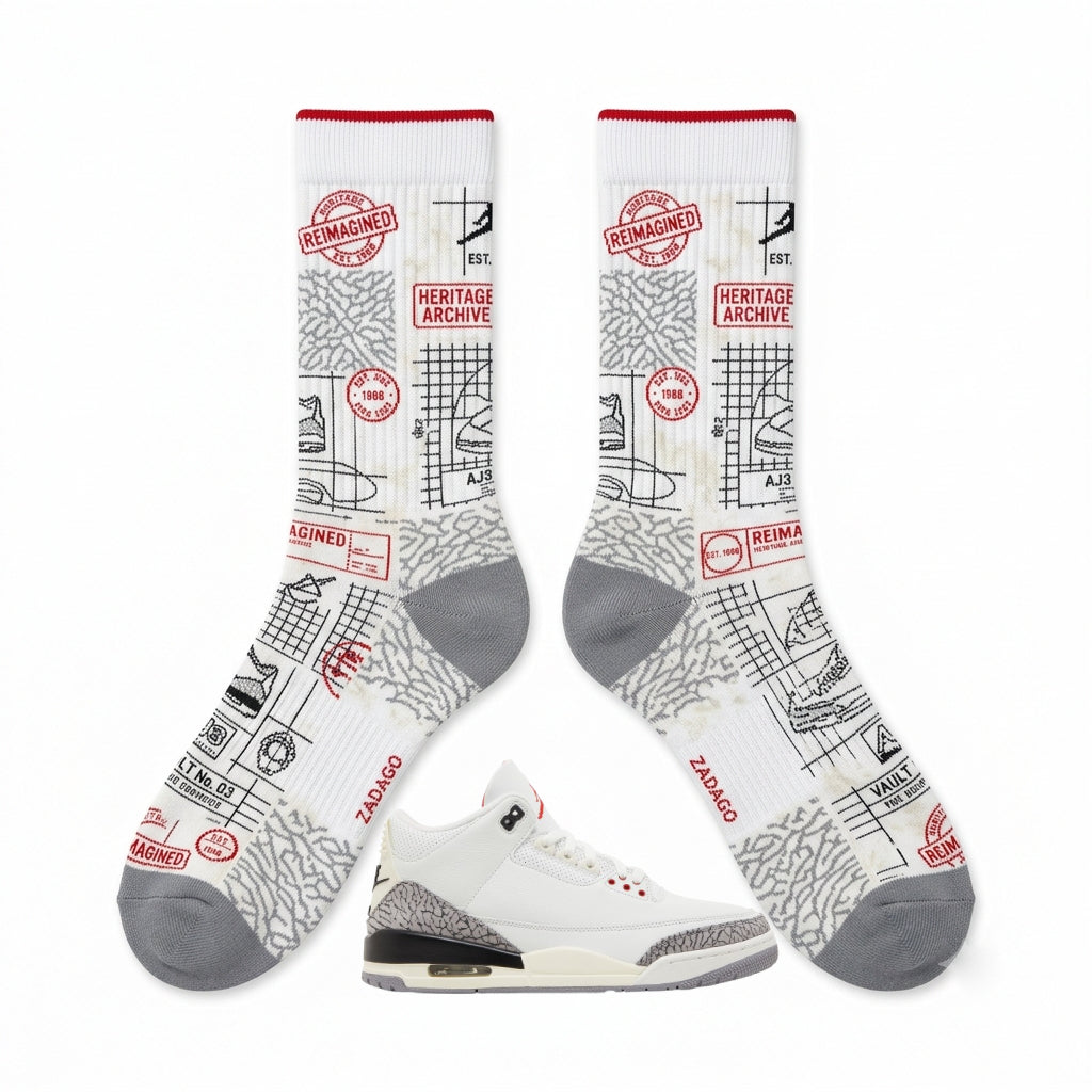 White Cement Reimagined Sneaker Match Socks – Air Jordan 3 Retro White Cement Reimagined Inspired Mid-Cut Crew Socks Unisex