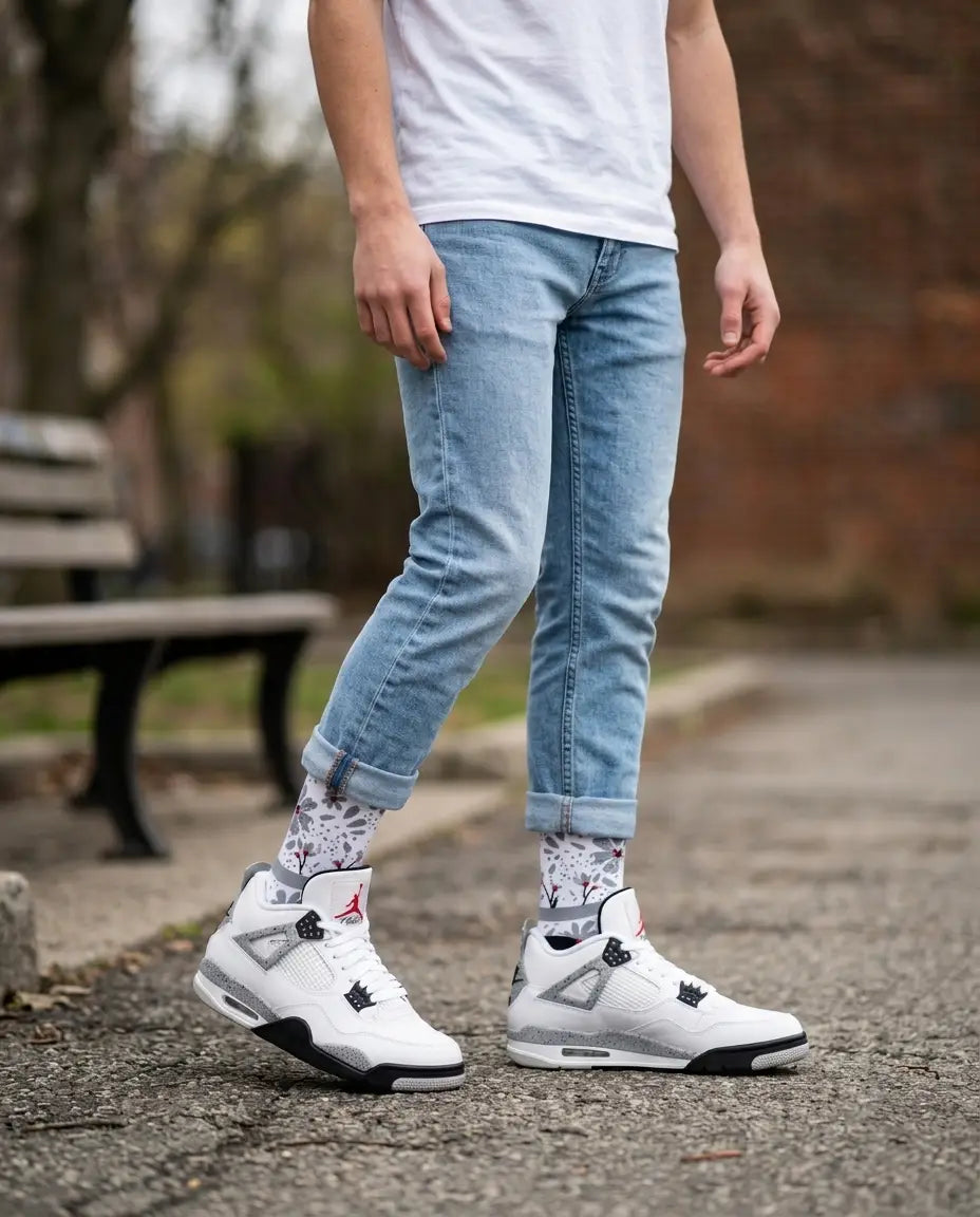White Cement Socks – Air Jordan 4 Retro OG 2025 Inspired Mid-Calf Unisex Crew Socks