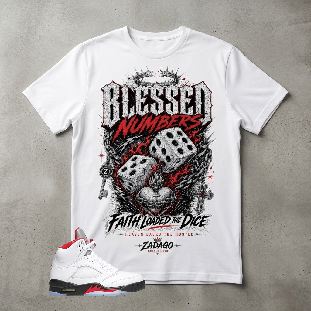 White Fire Red 5s Zadago Shirt Blessed Numbers Graphic