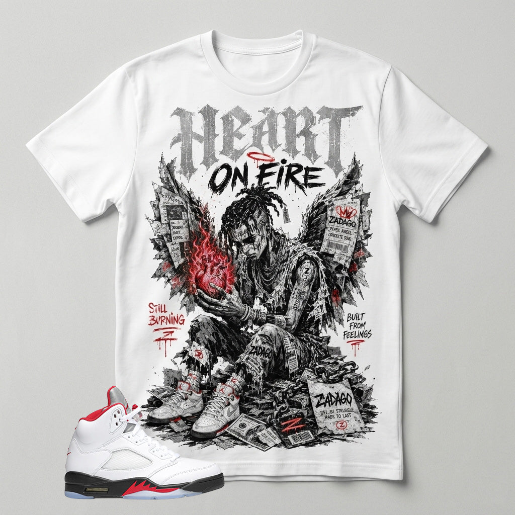 White Fire Red 5s Zadago Shirt Heart On Fire Graphic
