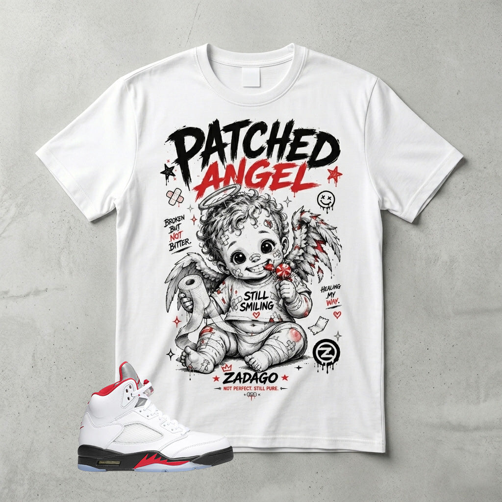 White Fire Red 5s Zadago Shirt Patched Angel Graphic