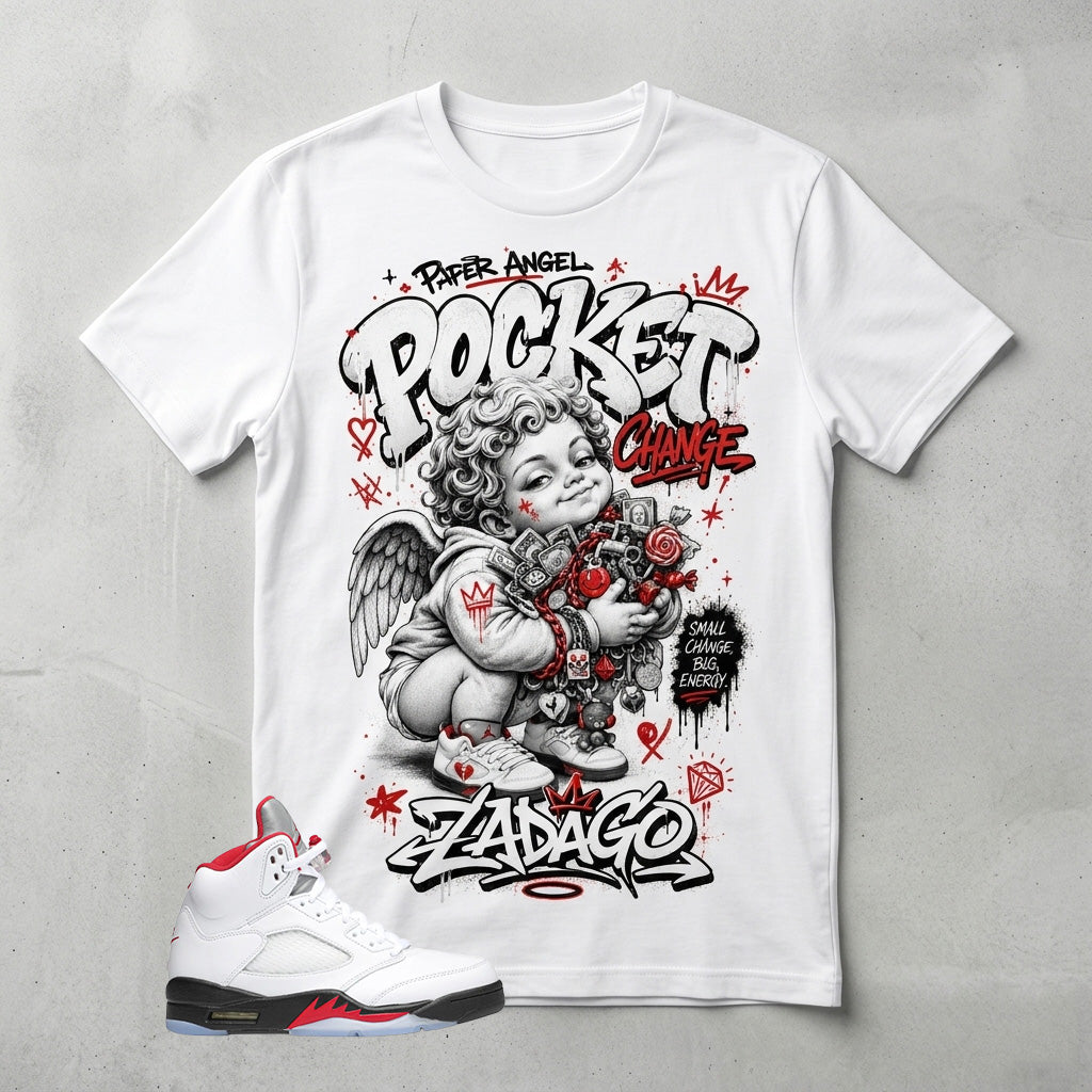 White Fire Red 5s Zadago Shirt Pocket Change Angel Graphic
