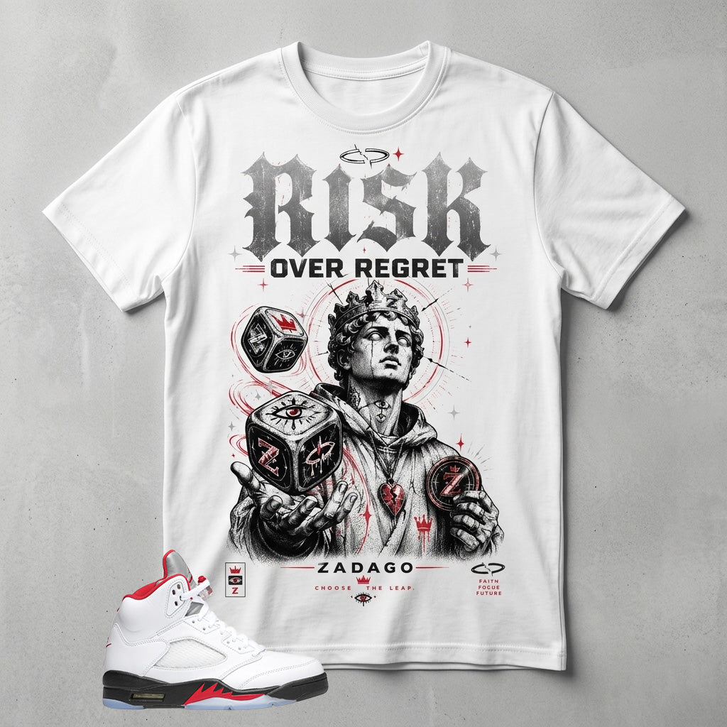 White Fire Red 5s Zadago Shirt Risk Over Regret Graphic
