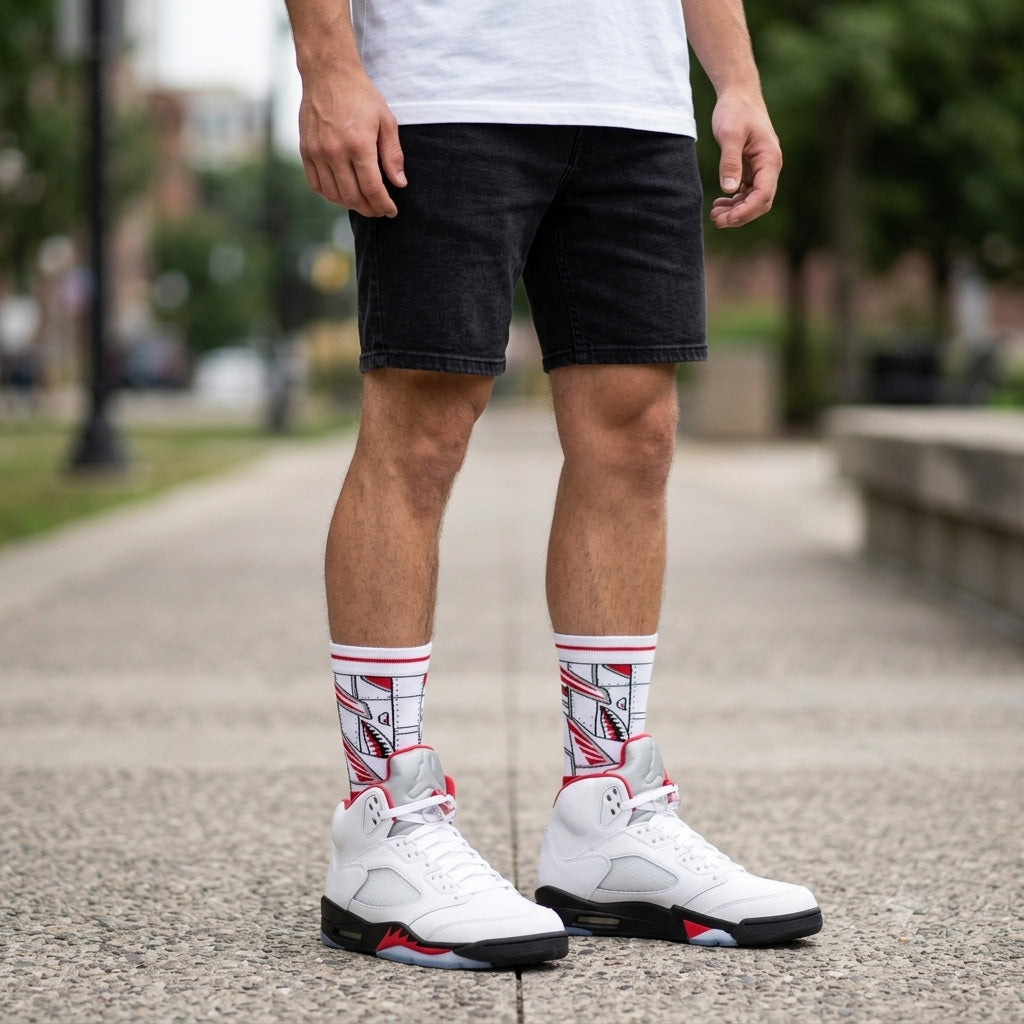 White Fire Red Socks – Air Jordan 5 Inspired Mid-Calf Unisex Crew Socks