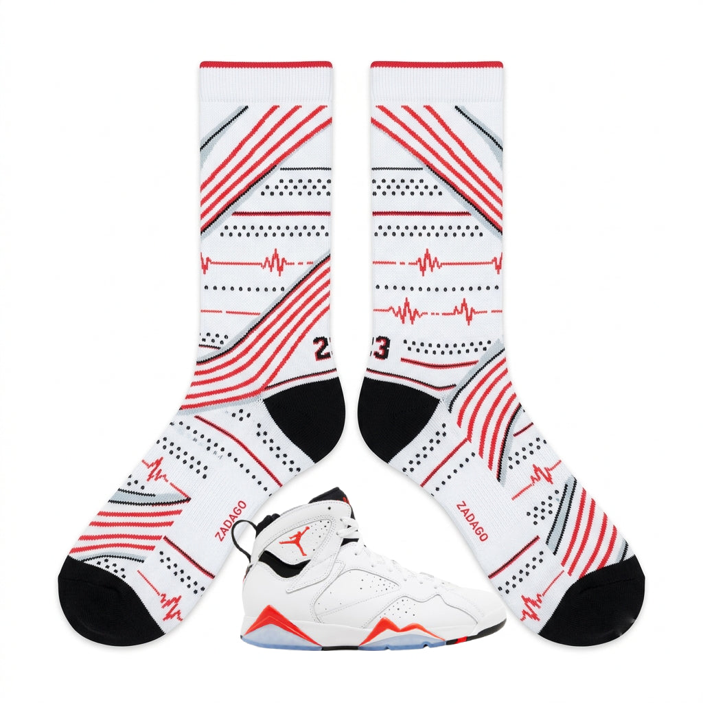 White Infrared Sneaker Match Socks – Air Jordan 7 Retro White Infrared Inspired Mid-Calf Crew Socks