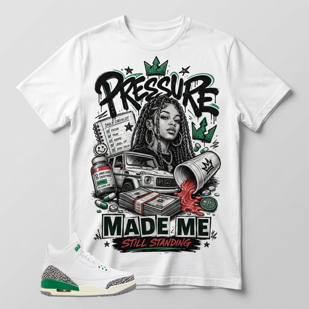 White Lucky Green 3s Zadago Shirt Pressure Made Me Standing Graphic