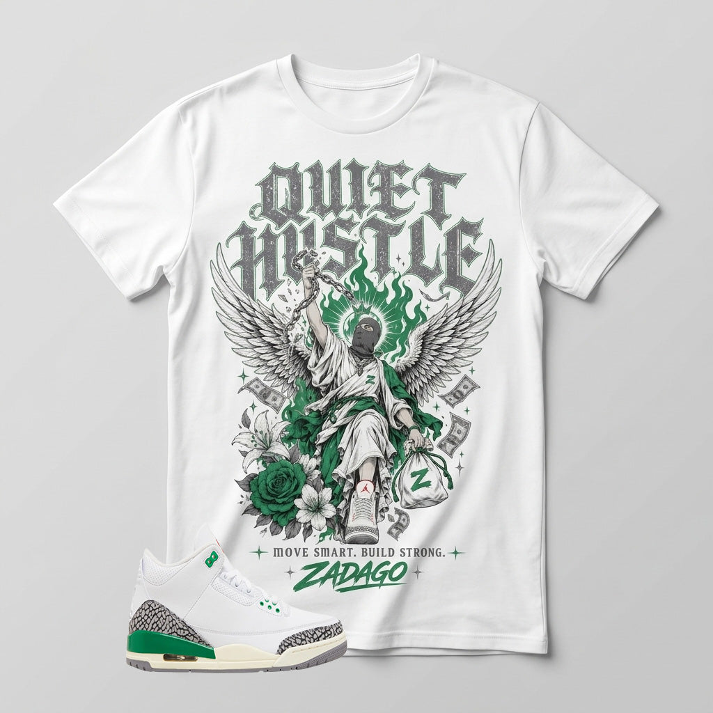 White Lucky Green 3s Zadago Shirt Quiet Hustle Graphic