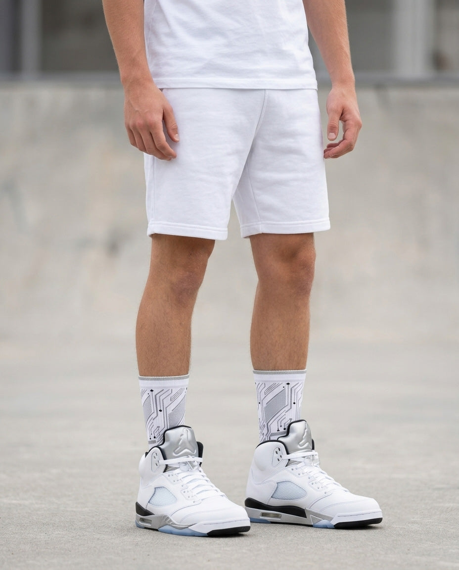 White Metallic Socks – Air Jordan 5 Inspired Mid-Calf Unisex Crew Socks