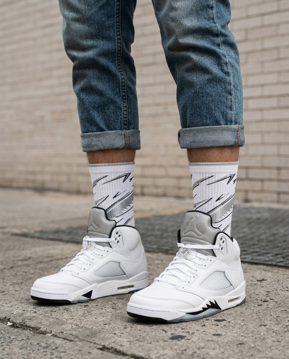 White Metallic Socks – Air Jordan 5 Inspired Mid-Calf Unisex Crew Socks