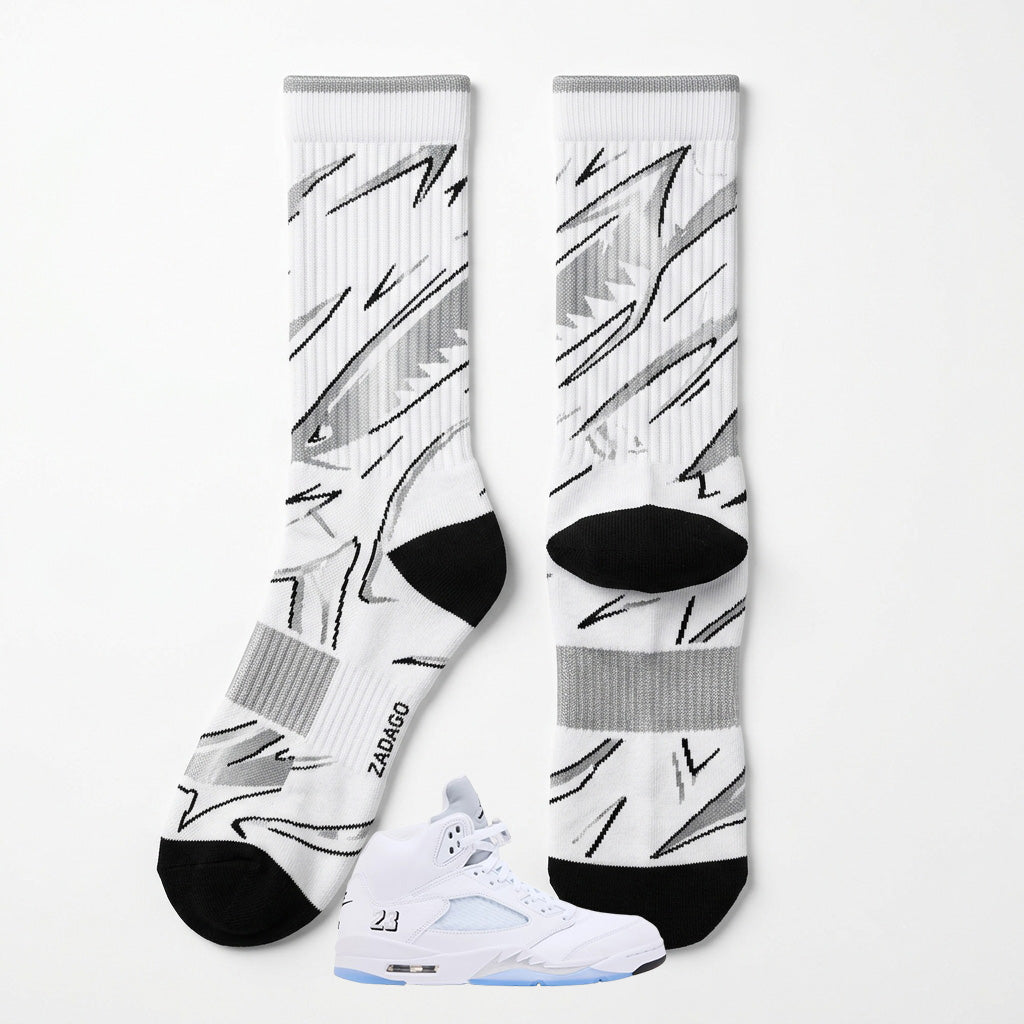 White Metallic Socks – Air Jordan 5 Inspired Mid-Calf Unisex Crew Socks